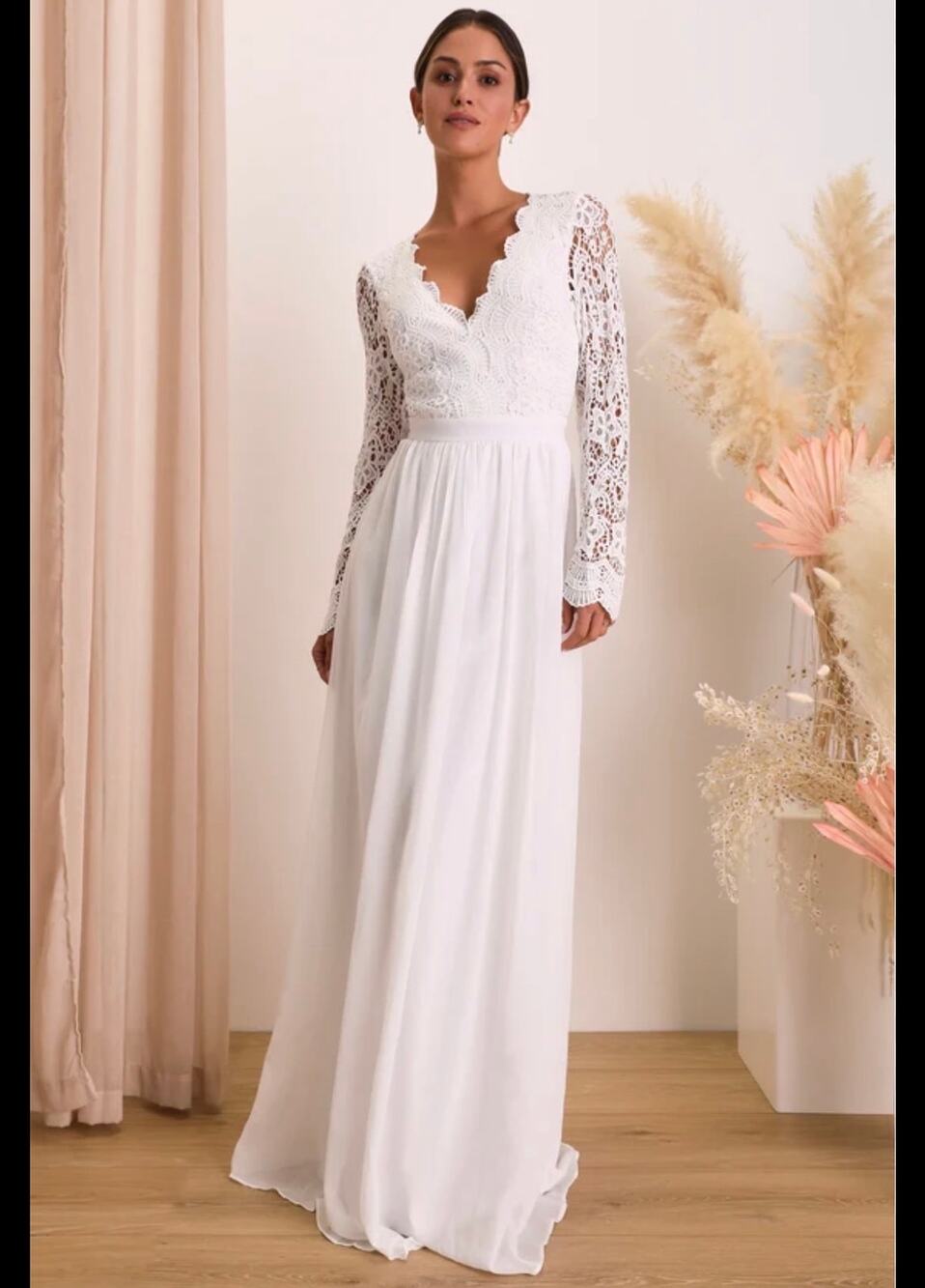 LuLus Awaken my Love white long sleeve lace maxi formal or wedding dress